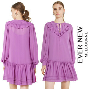 Ever New NWT Nelly V-Neck Ruffle‎ Long-Sleeve Orchid Mini Dress, Size 0